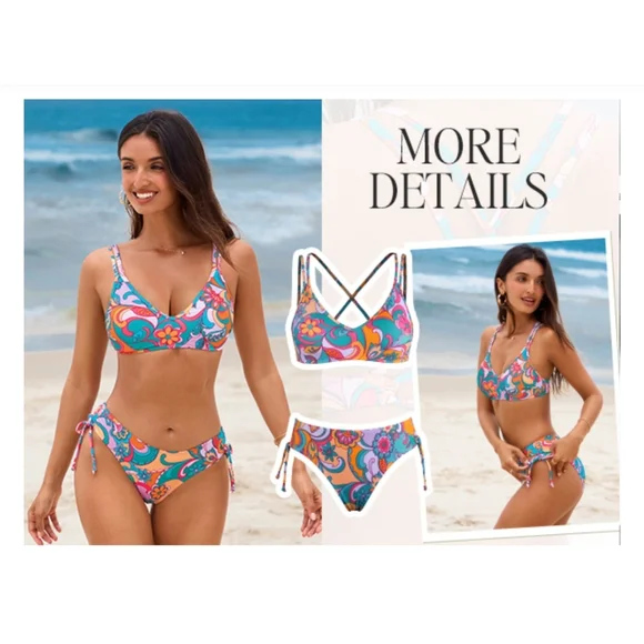 NWT Cupshe Floral Paisley Strappy Two Piece Low Rise Bikini Swimsuit Bathing L - Picture 9 of 14